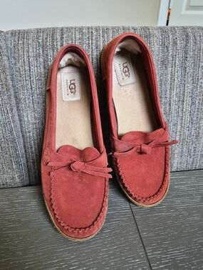 UGG Amila Red Suede Bow Moccasin Loafers